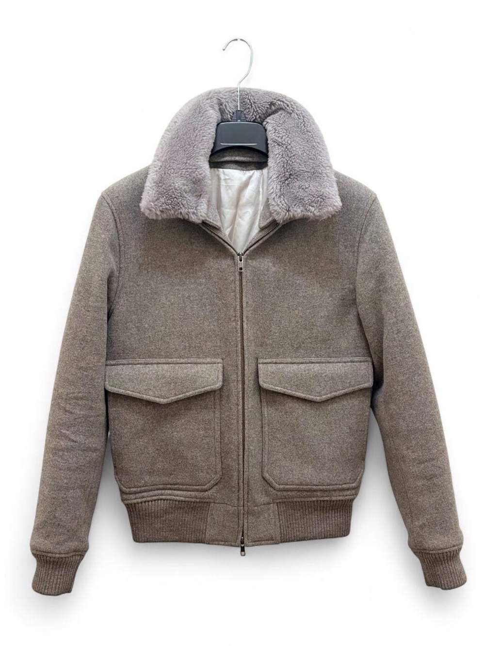 SuitSupply $495 Gray 100% Wool Shearling Bomber Jacket Size 34 XS Quiet Luxury
